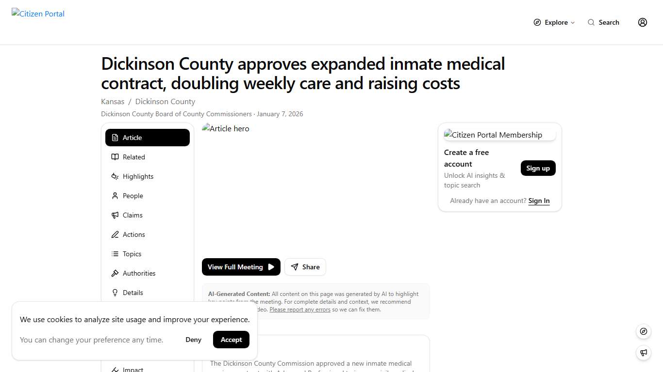 Dickinson County approves expanded inmate medical contract, doubling weekly care and raising costs Citizen Portal